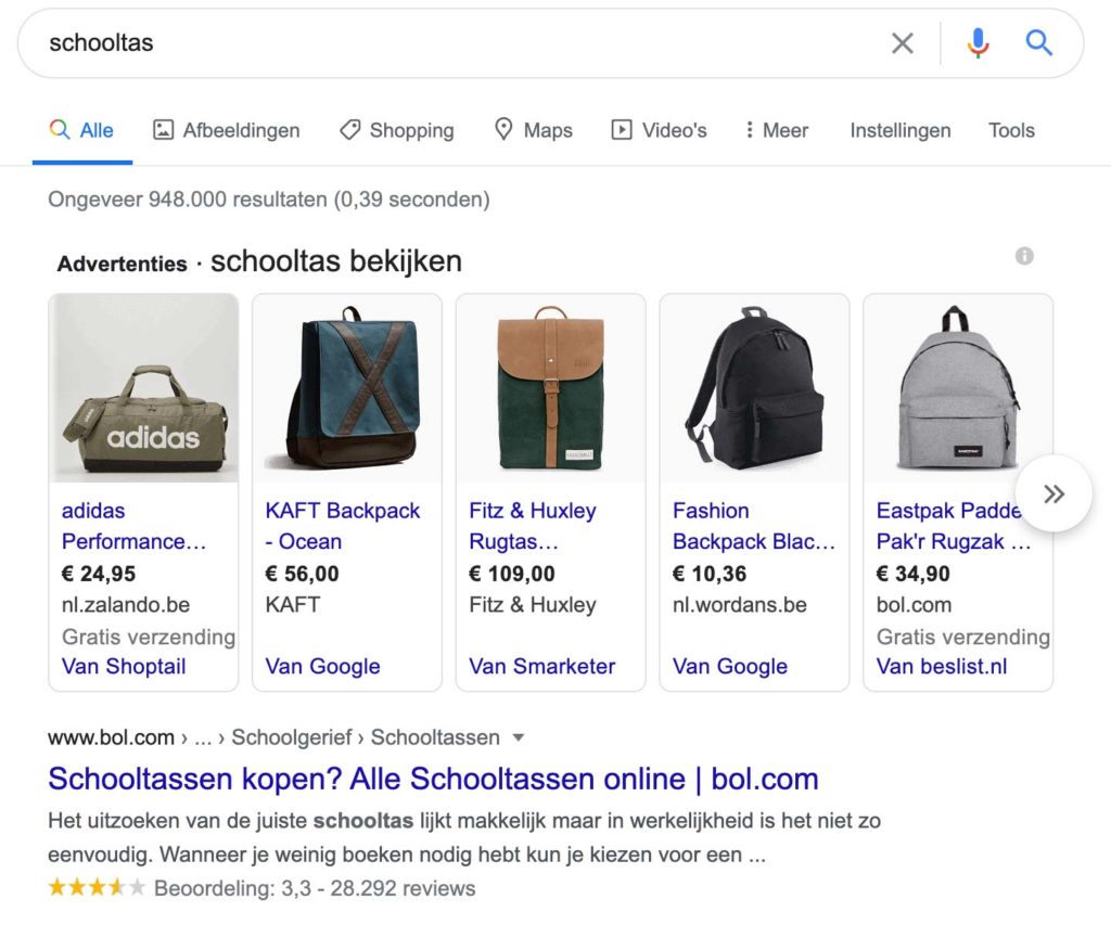 voorbeeld van hoe gemakkelijk bol.com op google ranked. Bol staat altijd op de eerste plaats van Google omdat ze zo populair zijn.