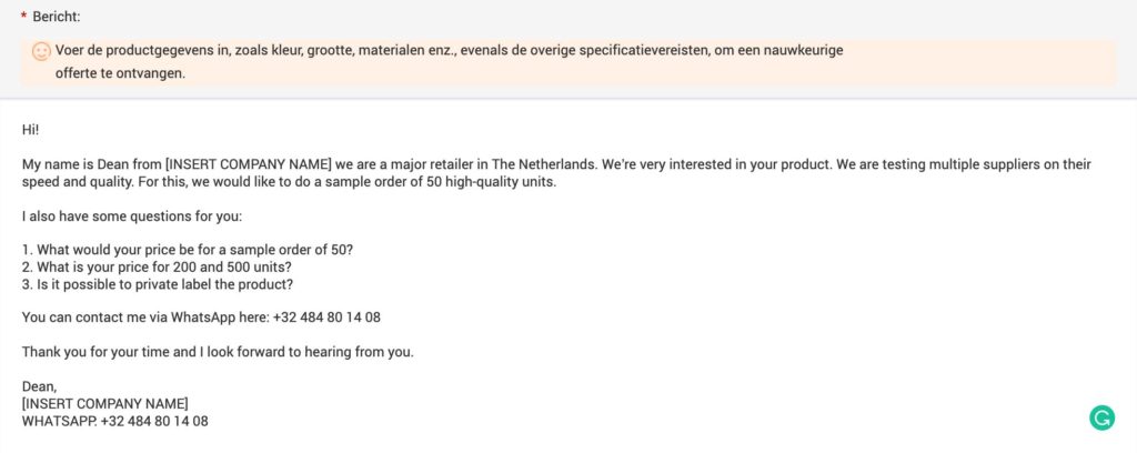 Voorbeeld van een email script naar een leverancier van alibaba om te verkopen op bol.com