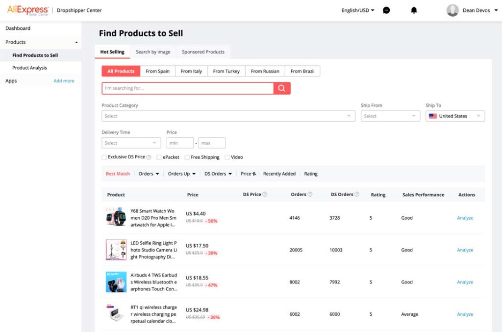 een gratis methode van de product research is het gebruik maken van het aliexpress dropshipping center