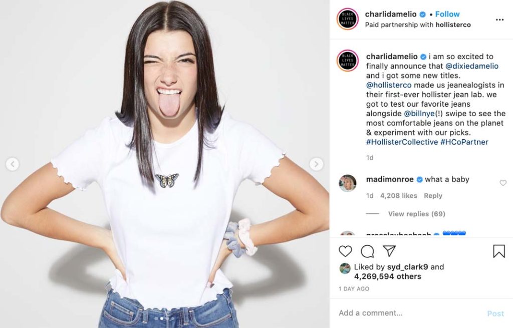 Een voorbeeld van een Instagram partnership tussen Hollister en Charli D'amelio. Brand partnerships en sponsorships zijn dé manier om geld te verdienen met instagram. 