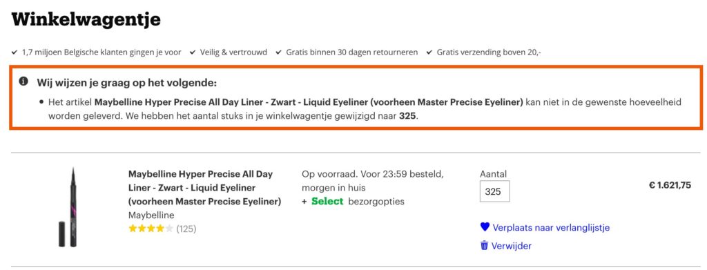 Voorbeeld van de winkelwagen om producten te vinden die je kunt verkopen op bol.com