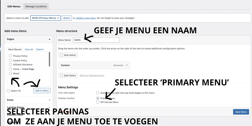 wordpress menu aanmaken